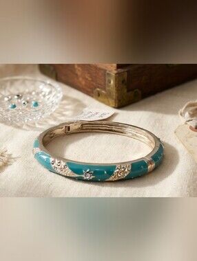 Turquoise Enamel and Crystal Accent Bangle Clamp Bracelet